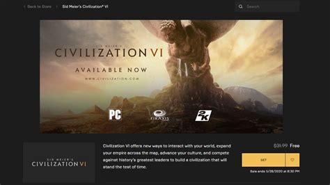 Sid Meier's Civilization VI is free on Epic Games Store this week.